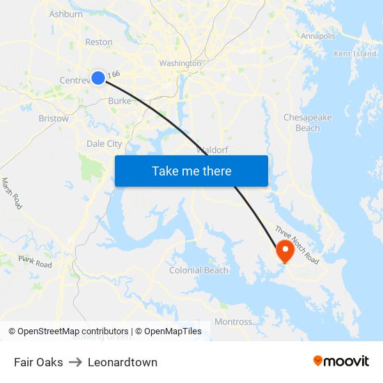 Fair Oaks to Leonardtown map