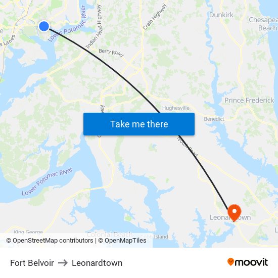 Fort Belvoir to Leonardtown map