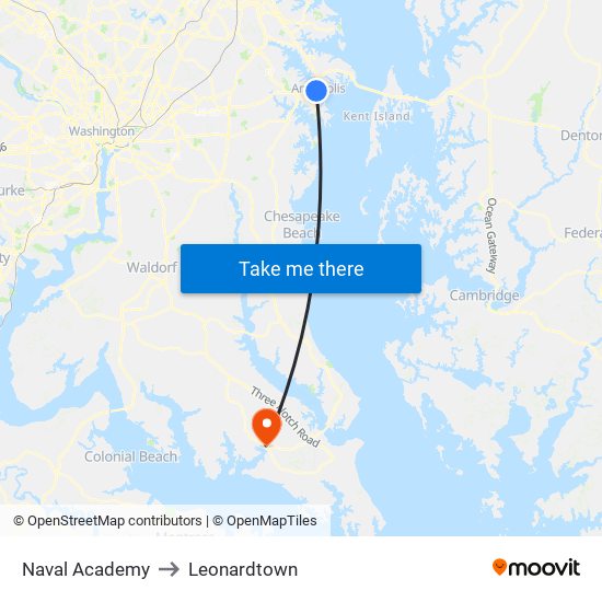 Naval Academy to Leonardtown map