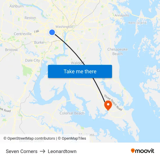 Seven Corners to Leonardtown map
