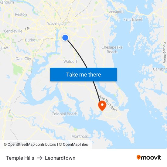 Temple Hills to Leonardtown map