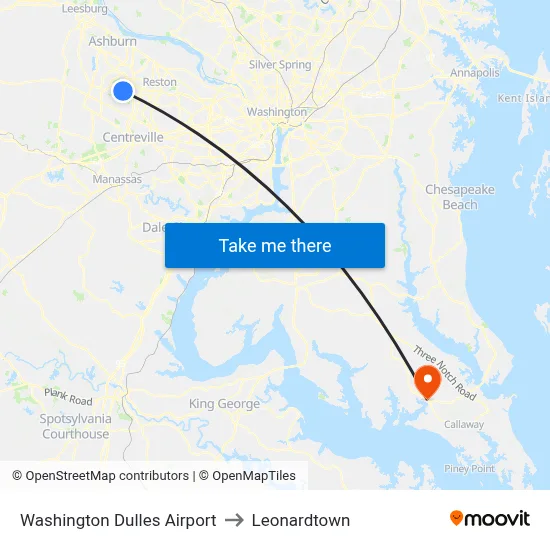 Washington Dulles Airport to Leonardtown map