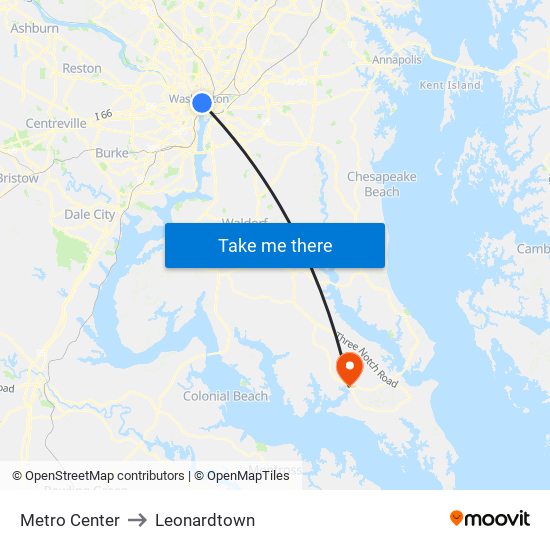 Metro Center to Leonardtown map