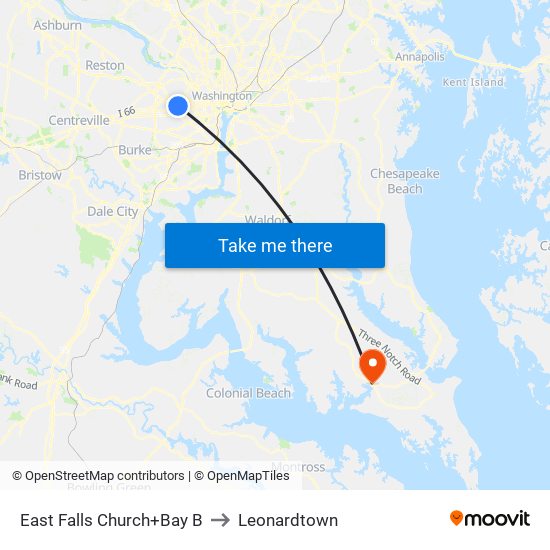 East Falls Church+Bus Bay B to Leonardtown map