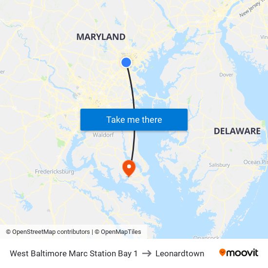 West Baltimore Marc Station Bay 1 to Leonardtown map