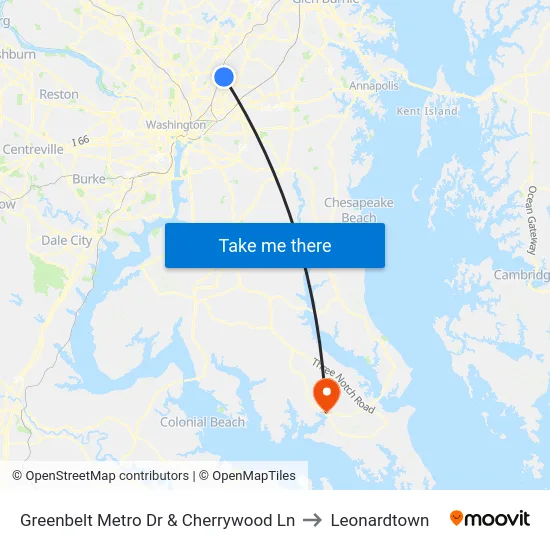 Greenbelt Metro Dr & Cherrywood Ln to Leonardtown map