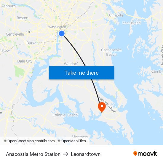 Anacostia Metro Station to Leonardtown map