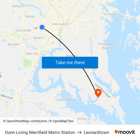 Dunn Loring Merrifield Metro Station to Leonardtown map