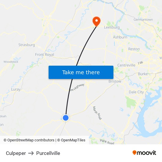 Culpeper to Purcellville map