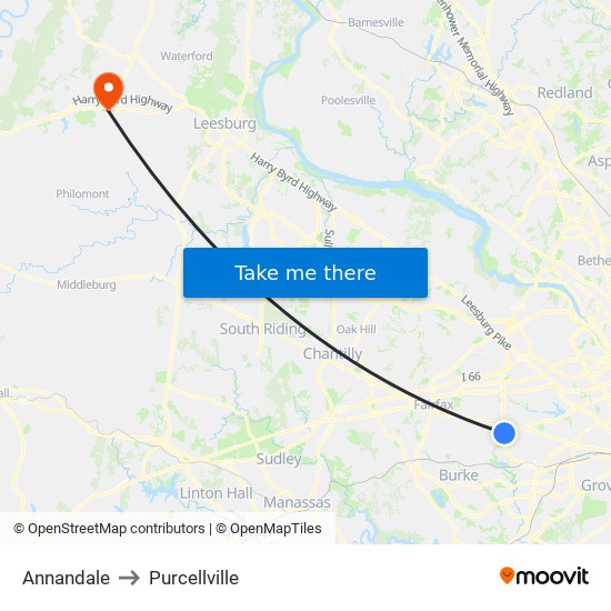 Annandale to Purcellville map