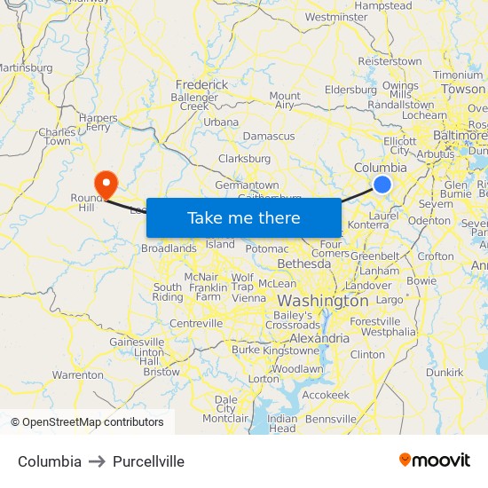Columbia to Purcellville map