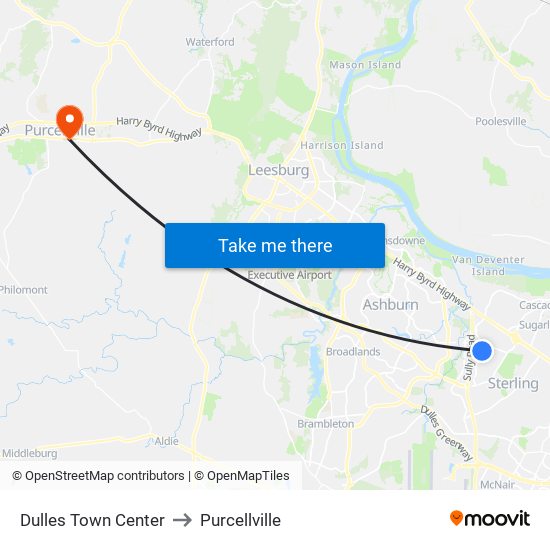 Dulles Town Center to Purcellville map
