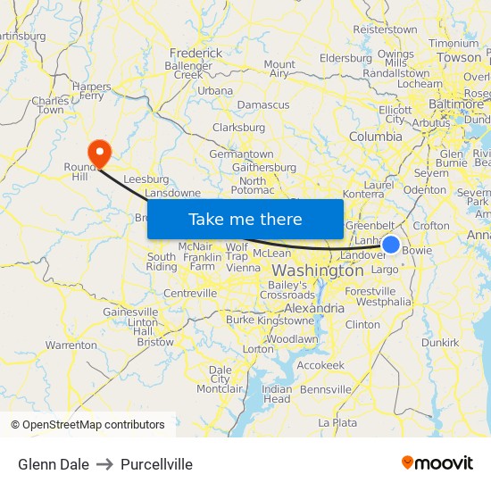 Glenn Dale to Purcellville map