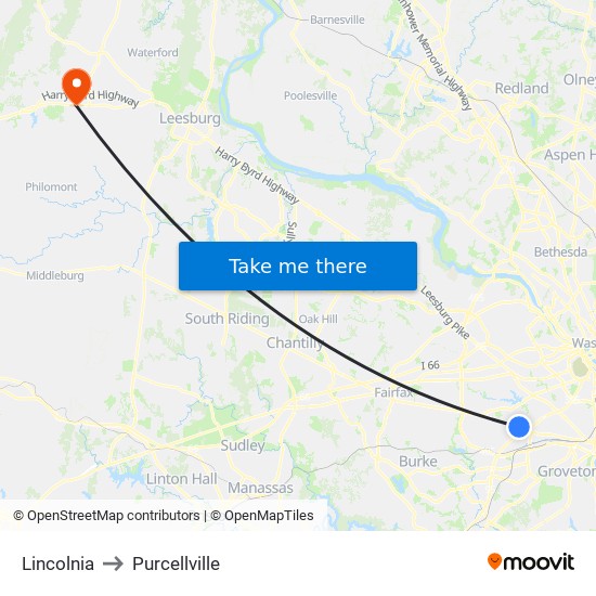 Lincolnia to Purcellville map