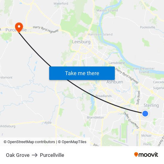 Oak Grove to Purcellville map