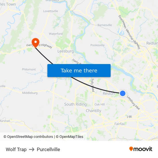 Wolf Trap to Purcellville map