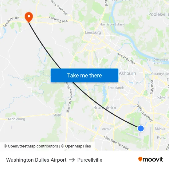 Washington Dulles Airport to Purcellville map