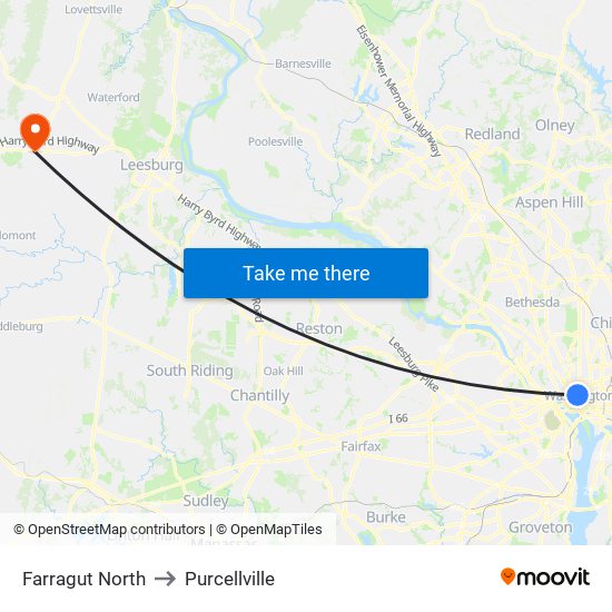 Farragut North to Purcellville map