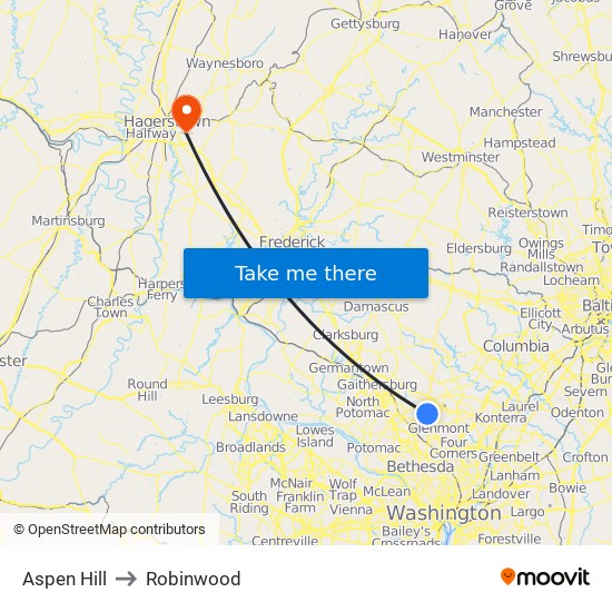 Aspen Hill to Robinwood map