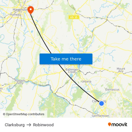 Clarksburg to Robinwood map