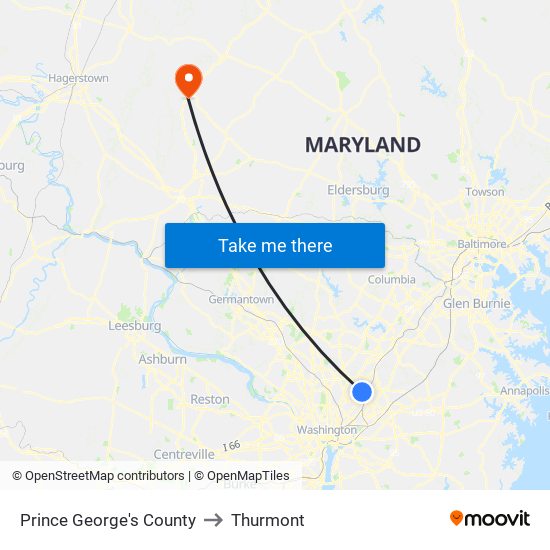 Prince George's County to Thurmont map