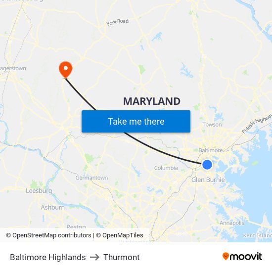 Baltimore Highlands to Thurmont map