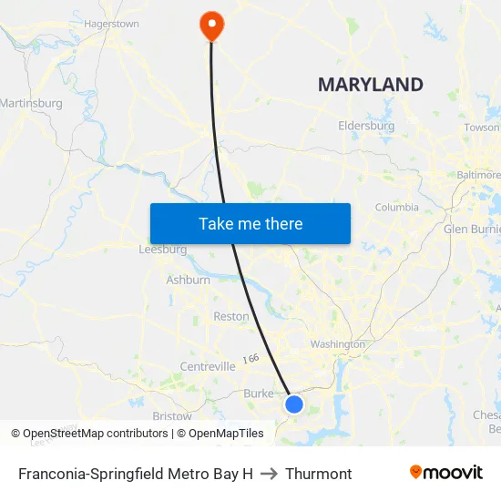 Franconia-Springfield Metro Bay H to Thurmont map