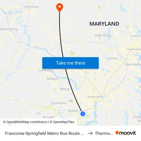 Franconia-Springfield Metro Bus Route 301 to Thurmont map