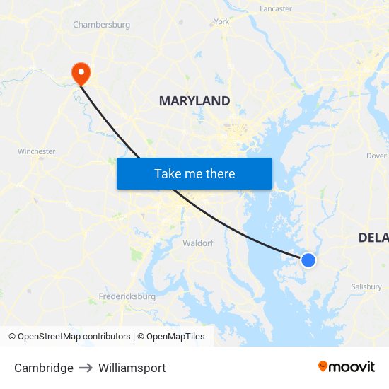 Cambridge to Williamsport map