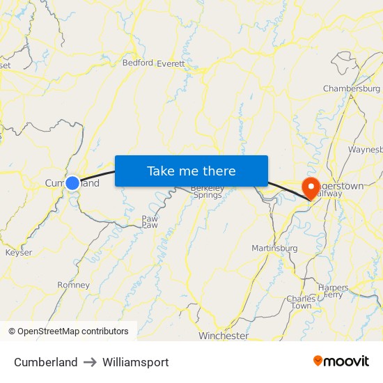 Cumberland to Williamsport map