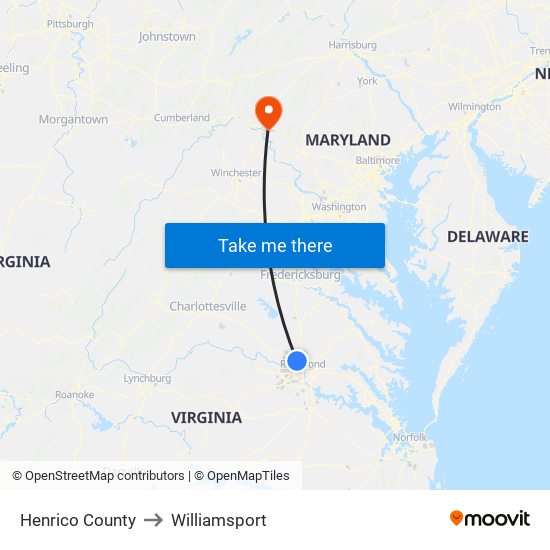 Henrico County to Williamsport map