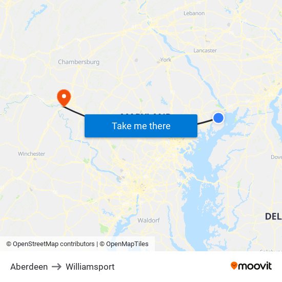 Aberdeen to Williamsport map