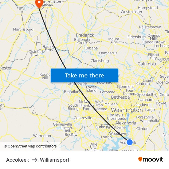 Accokeek to Williamsport map