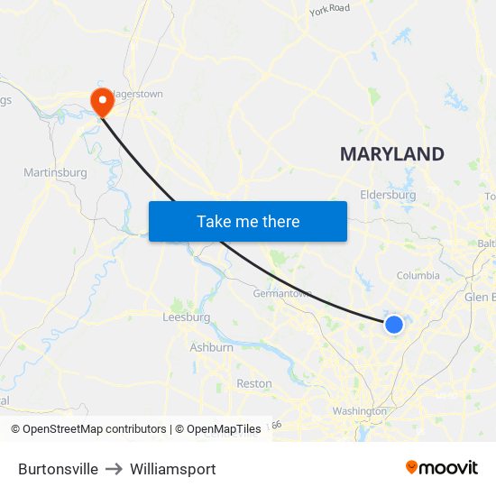 Burtonsville to Williamsport map