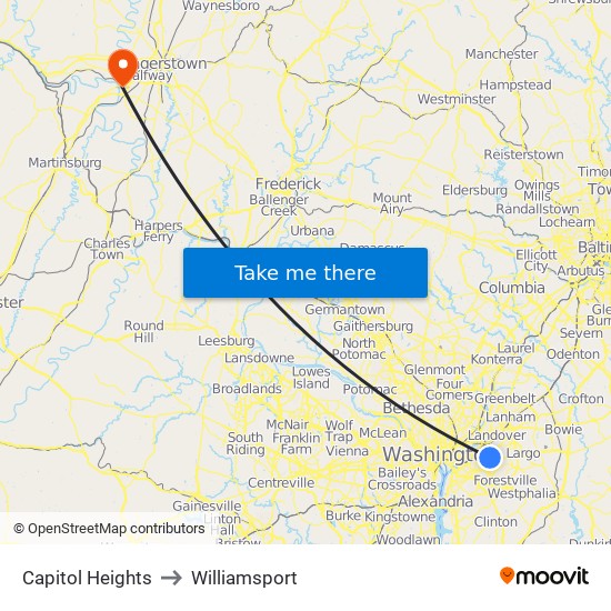 Capitol Heights to Williamsport map