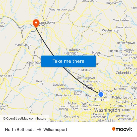 North Bethesda to Williamsport map