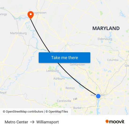 Metro Center to Williamsport map