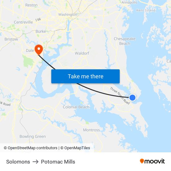 Solomons to Potomac Mills map