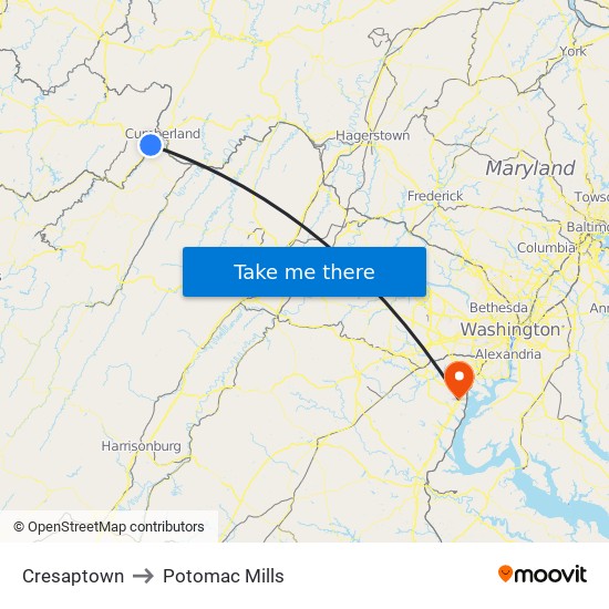 Cresaptown to Potomac Mills map