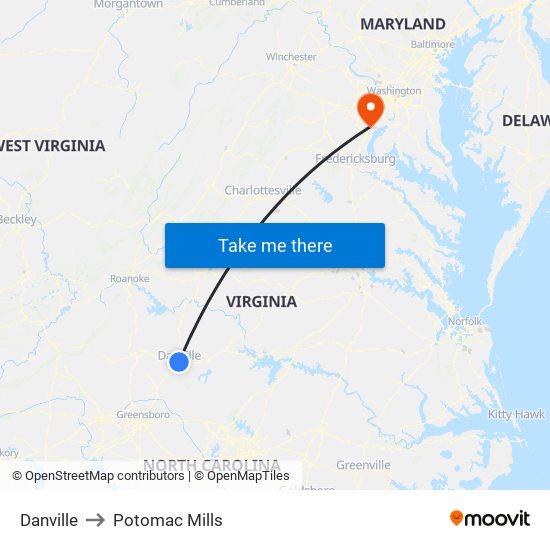 Danville to Potomac Mills map