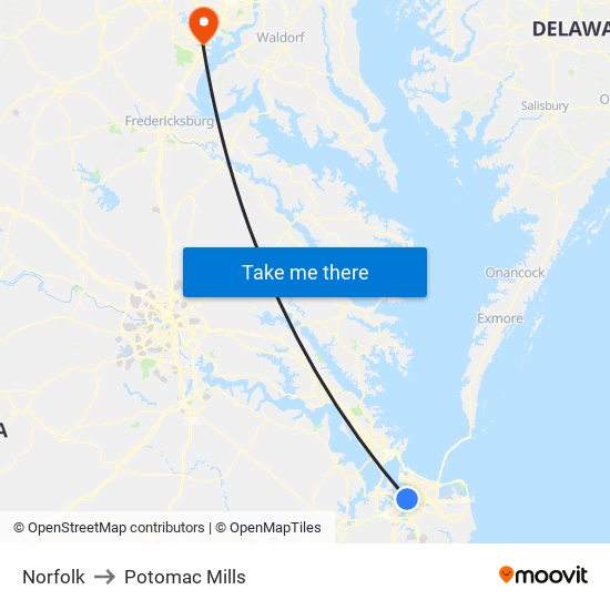 Norfolk to Potomac Mills map