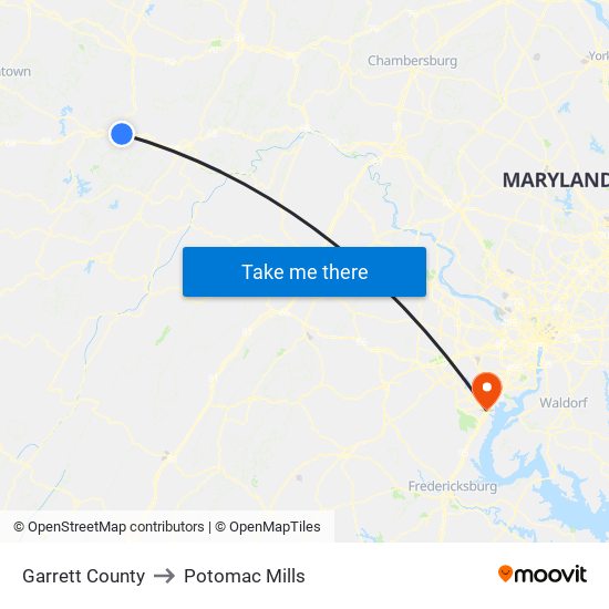 Garrett County to Potomac Mills map