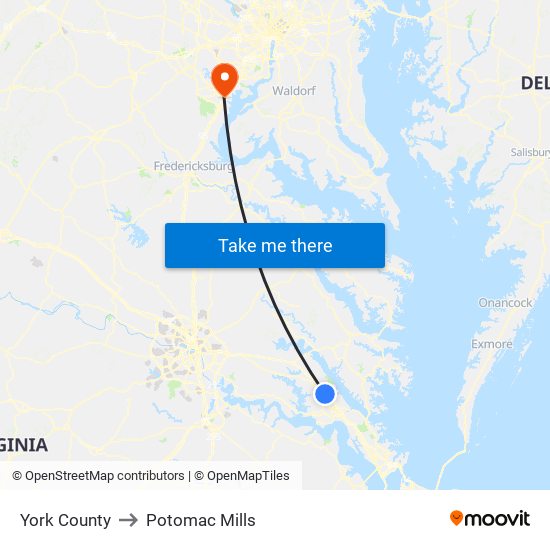 York County to Potomac Mills map