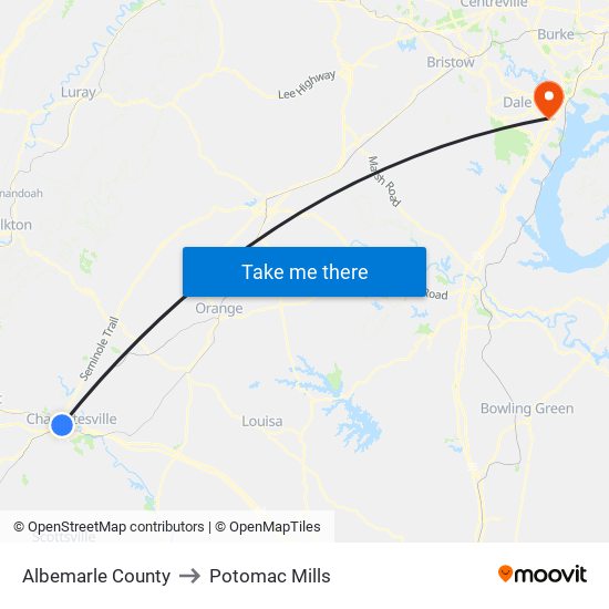 Albemarle County to Potomac Mills map