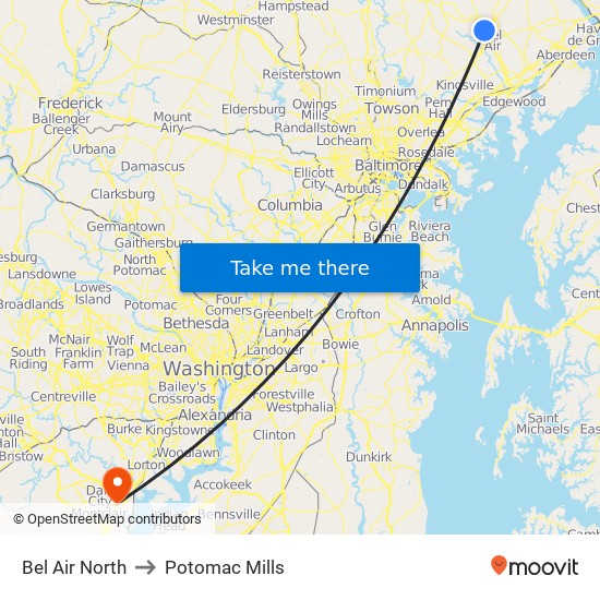 Bel Air North to Potomac Mills map