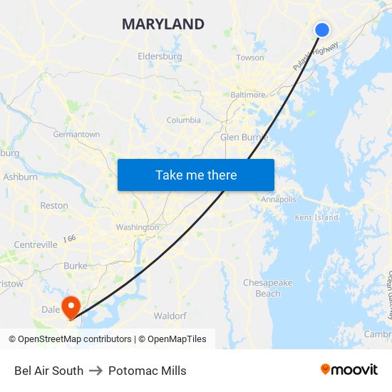 Bel Air South to Potomac Mills map