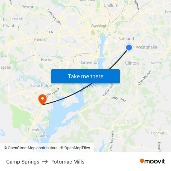 Camp Springs to Potomac Mills map