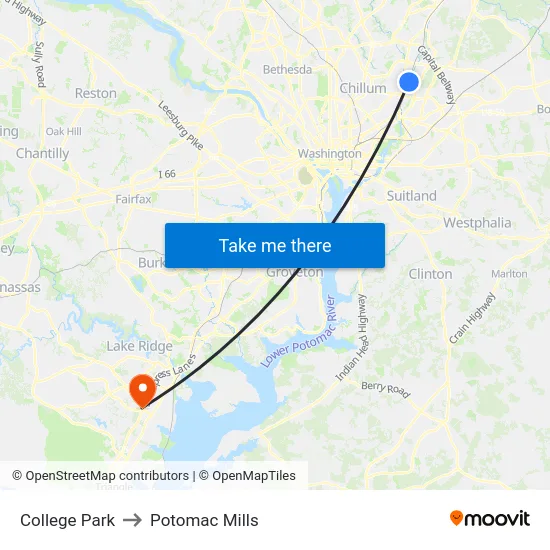 College Park to Potomac Mills map