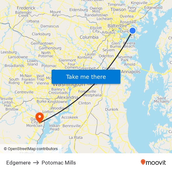 Edgemere to Potomac Mills map