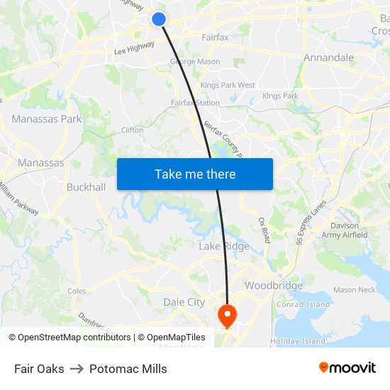 Fair Oaks to Potomac Mills map